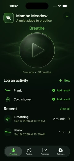 Mambo Meadow’s Practice screen with guided breathing and fictional activity history