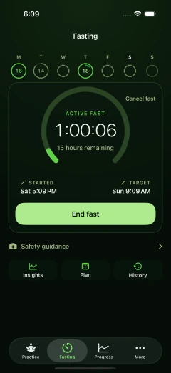 Mambo Meadow fasting screen with an active fast timer and weekly history